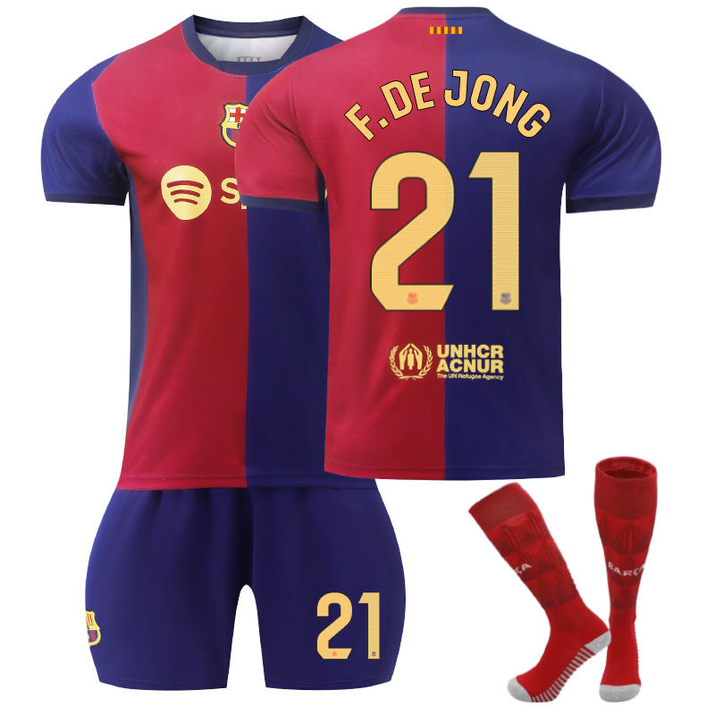 Beakey Barcelona Home F.DE JONG #21 Soccer Jersey for Kids Adult 3 Pcs Outfits