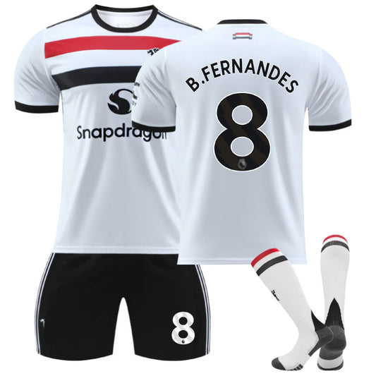 Beakey Red Devil Second Away B.FERNANDES #8 Soccer Jersey for Kids Adult 3 Pcs Outfits