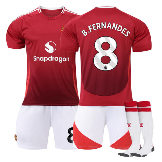 Beakey Red Devil Home B.FERNANDES #8 Soccer Jersey for Kids Adult 3 Pcs Outfits