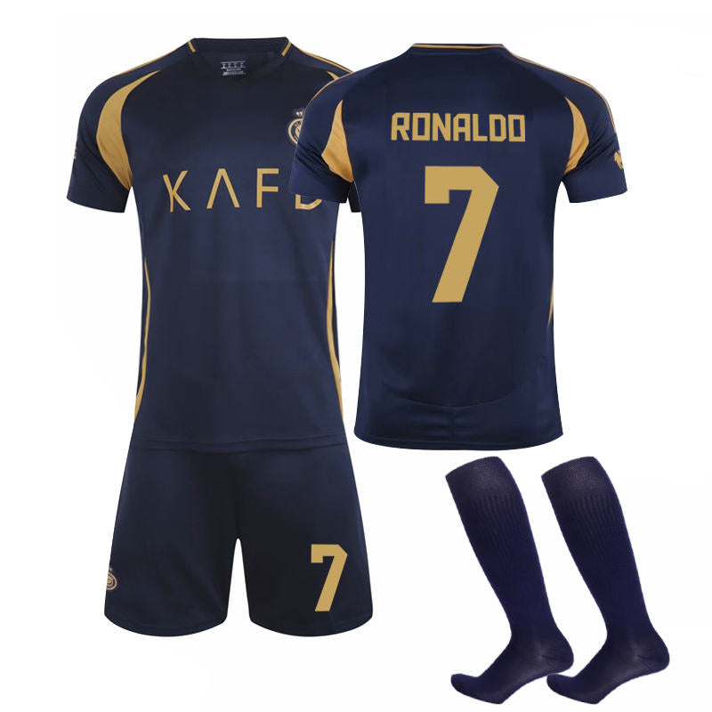 Beakey Al Nassr FC RONALDO #7 Soccer Jersey for Kids Adult 3 Pcs Outfits-Blue Gold