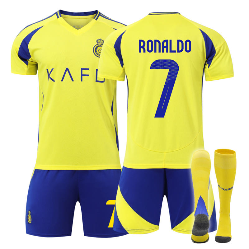 Beakey Al Nassr FC Home RONALDO #7 Soccer Jersey for Kids Adult 3 Pcs Outfits