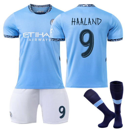 Beakey Manchester City Home UEFA HAALAND #9 Soccer Jersey for Kids Adult 3 Pcs Outfits