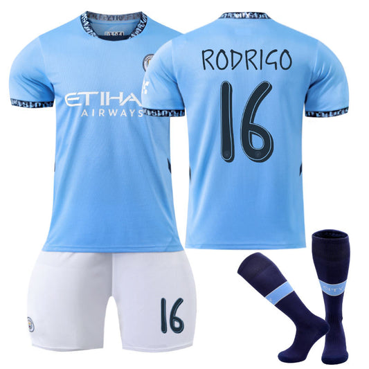 Beakey Manchester City Home UEFA RODRIGO #16 Soccer Jersey for Kids Adult 3 Pcs Outfits