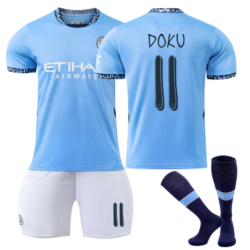 Beakey Manchester City Home UEFA DOKU #11 Soccer Jersey for Kids Adult 3 Pcs Outfits