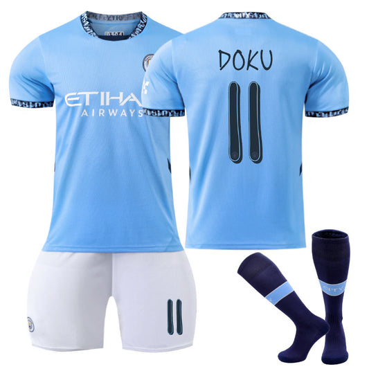 Beakey Manchester City Home UEFA DOKU #11 Soccer Jersey for Kids Adult 3 Pcs Outfits