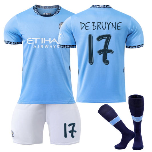 Beakey Manchester City Home UEFA DE BRUYNE #17 Soccer Jersey for Kids Adult 3 Pcs Outfits