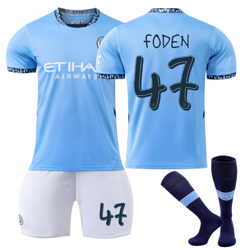 Beakey Manchester City Home UEFA FODEN #47 Soccer Jersey for Kids Adult 3 Pcs Outfits