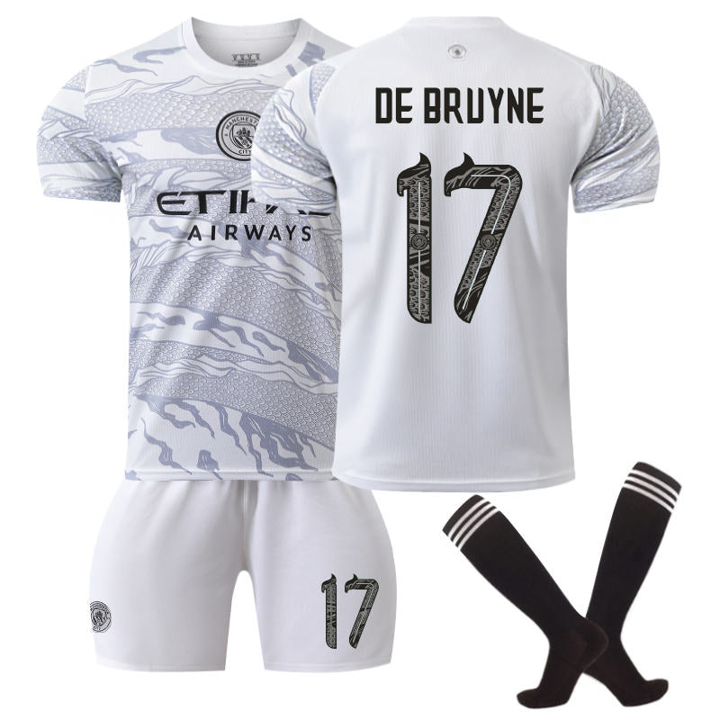 Beakey Manchester City Dragon DE BRUYNE #17 Soccer Jersey for Kids Adult 3 Pcs Outfits-White