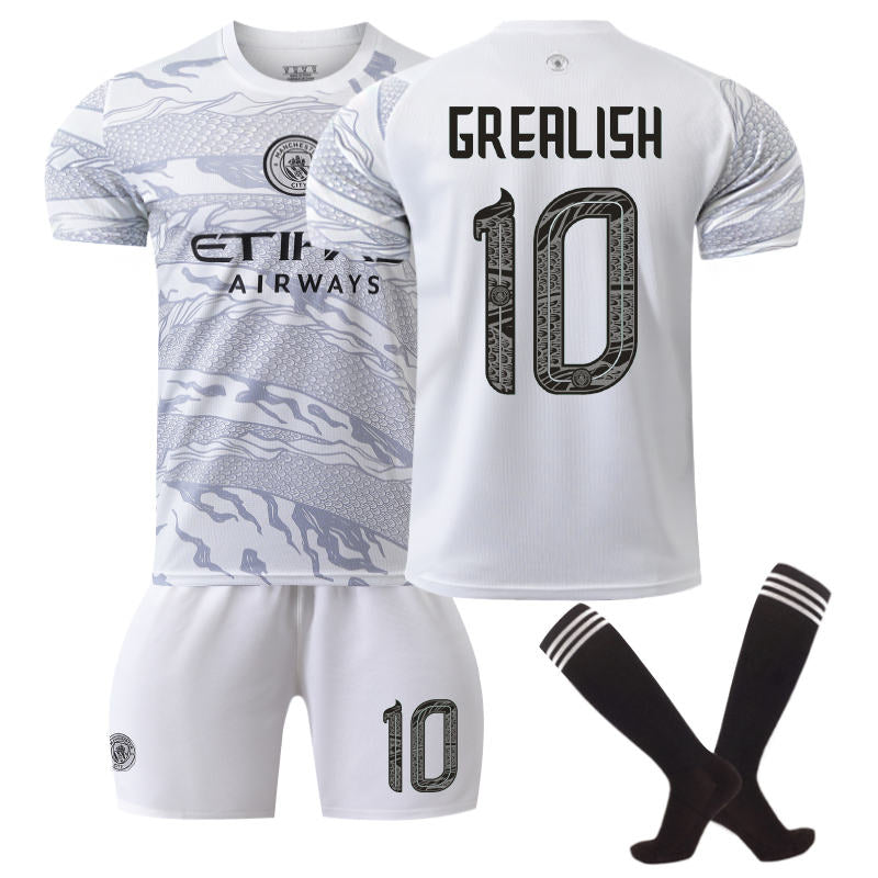 Beakey Manchester City Dragon GREALISH #10 Soccer Jersey for Kids Adult 3 Pcs Outfits-White