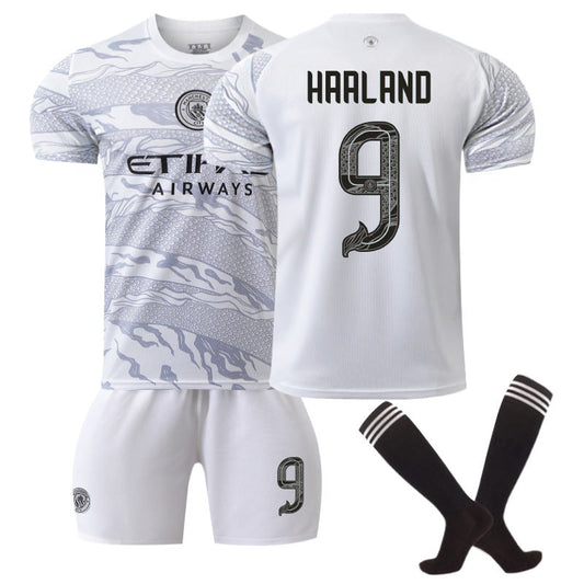 Beakey Manchester City Dragon HAALAND #9 Soccer Jersey for Kids Adult 3 Pcs Outfits-White