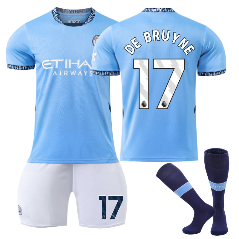 Beakey Manchester City Home DE BRUYNE #17 Soccer Jersey for Kids Adult 3 Pcs Outfits