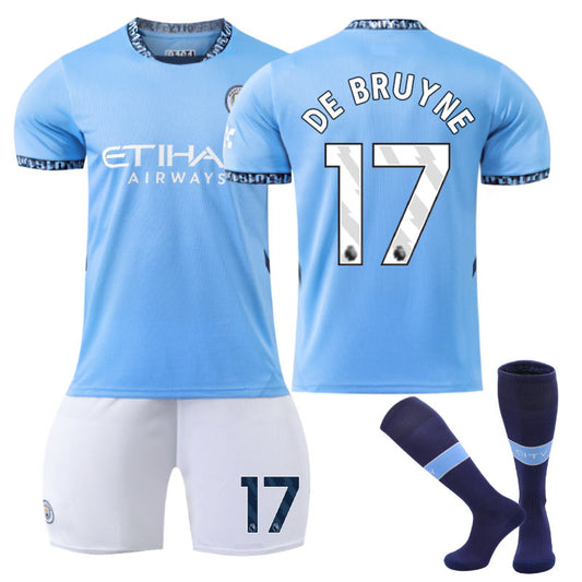 Beakey Manchester City Home DE BRUYNE #17 Soccer Jersey for Kids Adult 3 Pcs Outfits