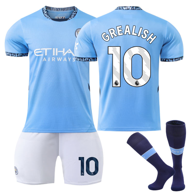 Beakey Manchester City Home GREALISH #10 Soccer Jersey for Kids Adult 3 Pcs Outfits