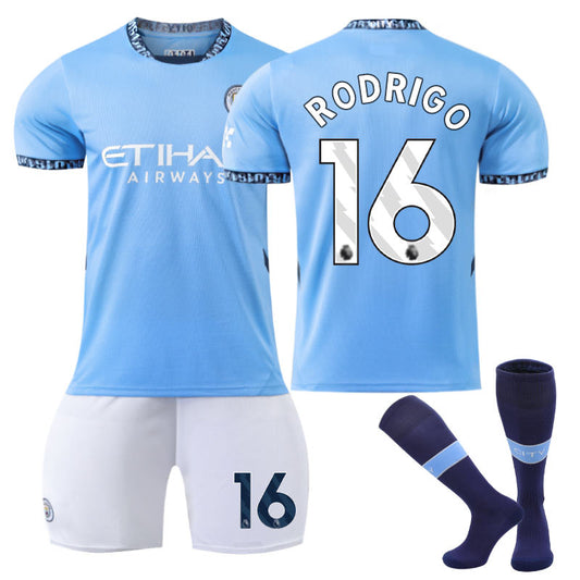 Beakey Manchester City Home RODRIGO #16 Soccer Jersey for Kids Adult 3 Pcs Outfits