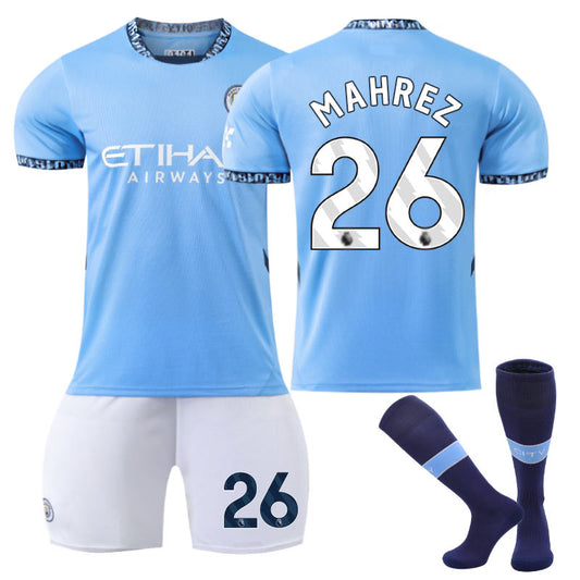 Beakey Manchester City Home MAHREZ #26 Soccer Jersey for Kids Adult 3 Pcs Outfits