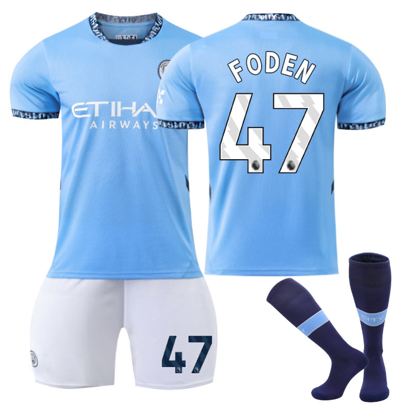 Beakey Manchester City Home FODEN #47 Soccer Jersey for Kids Adult 3 Pcs Outfits