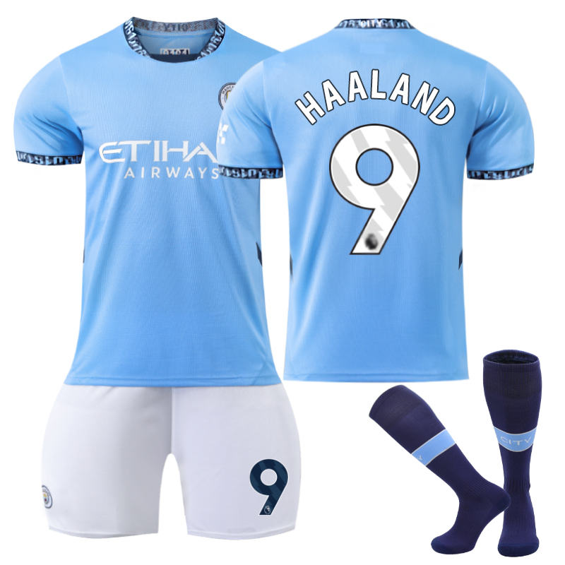 Beakey Manchester City Home HAALAND #9 Soccer Jersey for Kids Adult 3 Pcs Outfits