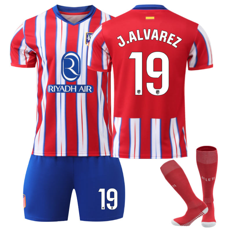 Beakey Atletico Madrid Home J.ALVAREZ #19 Soccer Jersey for Kids Adult 3 Pcs Outfits