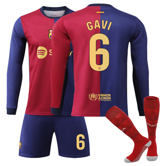Beakey Barcelona Home GAVI #6 Soccer Jersey Kids Adult 3Pcs Long Sleeve Outfits