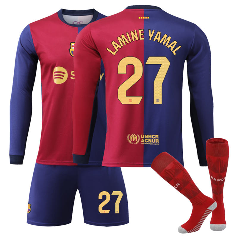 Beakey Barcelona Home LAMINE YAMAL #27 Soccer Jersey Kids Adult 3Pcs Long Sleeve Outfits