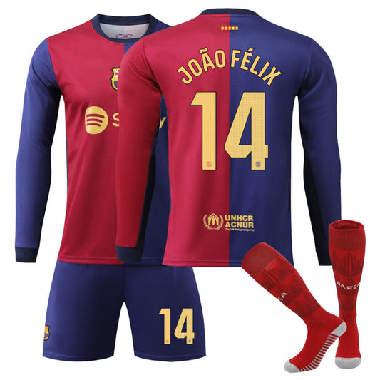 Beakey Barcelona Home JOAO FELIX #14 Soccer Jersey Kids Adult 3Pcs Long Sleeve Outfits
