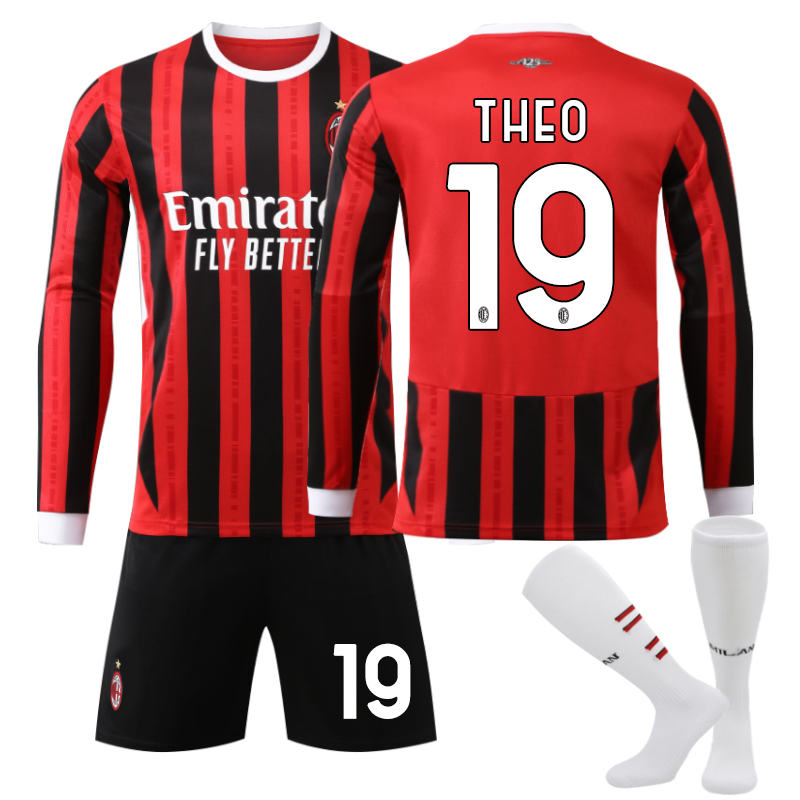 Beakey AC Milan Home THEO #19 Soccer Jersey Kids Adult 3Pcs Long Sleeve Outfits