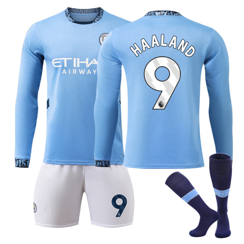 Beakey Manchester City Home HAALAND #9 Soccer Jersey Kids Adult 3Pcs Long Sleeve Outfits