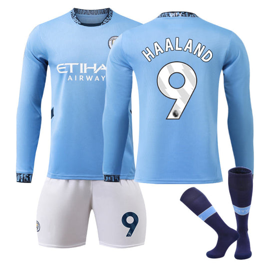 Beakey Manchester City Home HAALAND #9 Soccer Jersey Kids Adult 3Pcs Long Sleeve Outfits