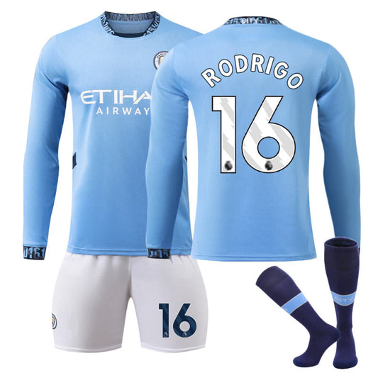 Beakey Manchester City Home RODRIGO #16 Soccer Jersey Kids Adult 3Pcs Long Sleeve Outfits