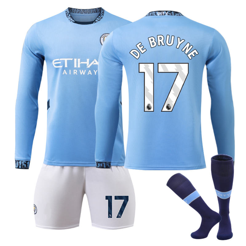 Beakey Manchester City Home DE BRUYNE #17 Soccer Jersey Kids Adult 3Pcs Long Sleeve Outfits