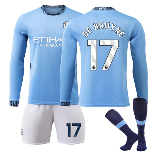 Beakey Manchester City Home DE BRUYNE #17 Soccer Jersey Kids Adult 3Pcs Long Sleeve Outfits