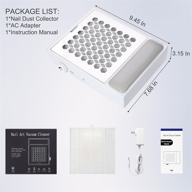 Beakey Nail Dust Collector with Dusting Brush 56W Electric Nail Vacuum Dust Fan Hand Pillow for Nails Salon WL502-White