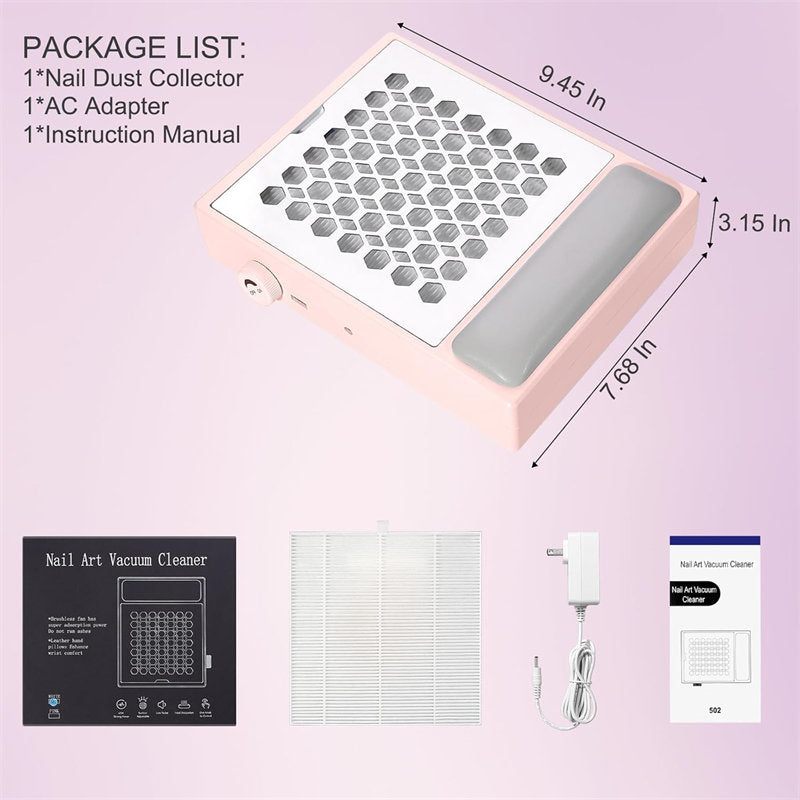 Beakey Nail Dust Collector with Dusting Brush 56W Electric Nail Vacuum Dust Fan Hand Pillow for Nails Salon WL502-Pink