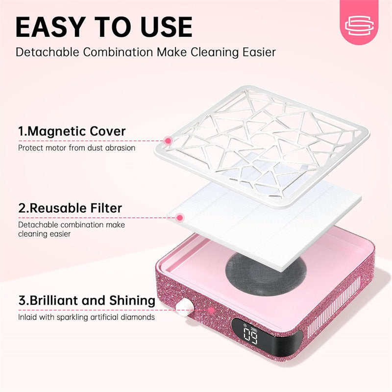 Beakey Nail Dust Collector Diamond Vacuum Fan Vent Dust Collector for Acrylic Nails Polishing Nail Salon-Pink
