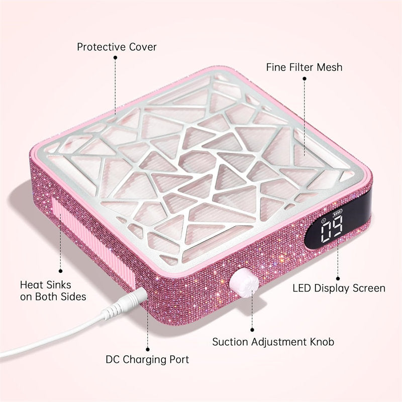Beakey Nail Dust Collector Diamond Vacuum Fan Vent Dust Collector for Acrylic Nails Polishing Nail Salon-Pink