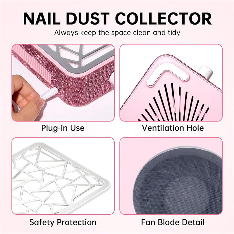 Beakey Nail Dust Collector Diamond Vacuum Fan Vent Dust Collector for Acrylic Nails Polishing Nail Salon-Pink