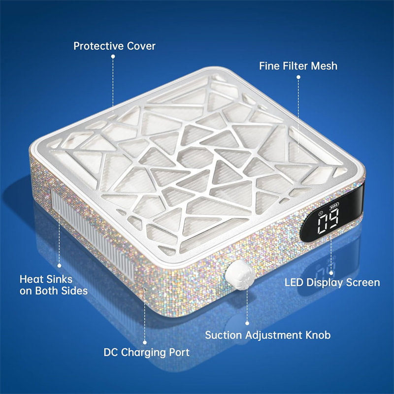 Beakey Nail Dust Collector Diamond Vacuum Fan Vent Dust Collector for Acrylic Nails Polishing Nail Salon-Silver