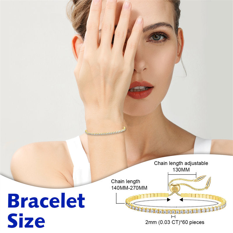 Beakey Moissanite Tennis Bracelet 1.8ct Diamond Bracelets for Women D Color Round Brilliant Cut Lab Created 14K Gold Plated Adjustable Bracelets