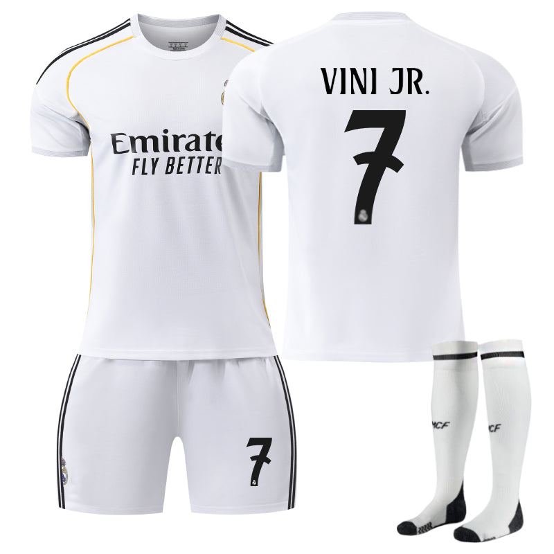Beakey Real Madrid Home VINI JR. #7 Soccer Jersey Kids Adult 3Pcs Kits
