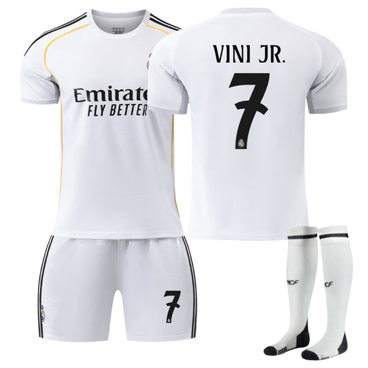 Beakey Real Madrid Home VINI JR. #7 Soccer Jersey Kids Adult 3Pcs Kits