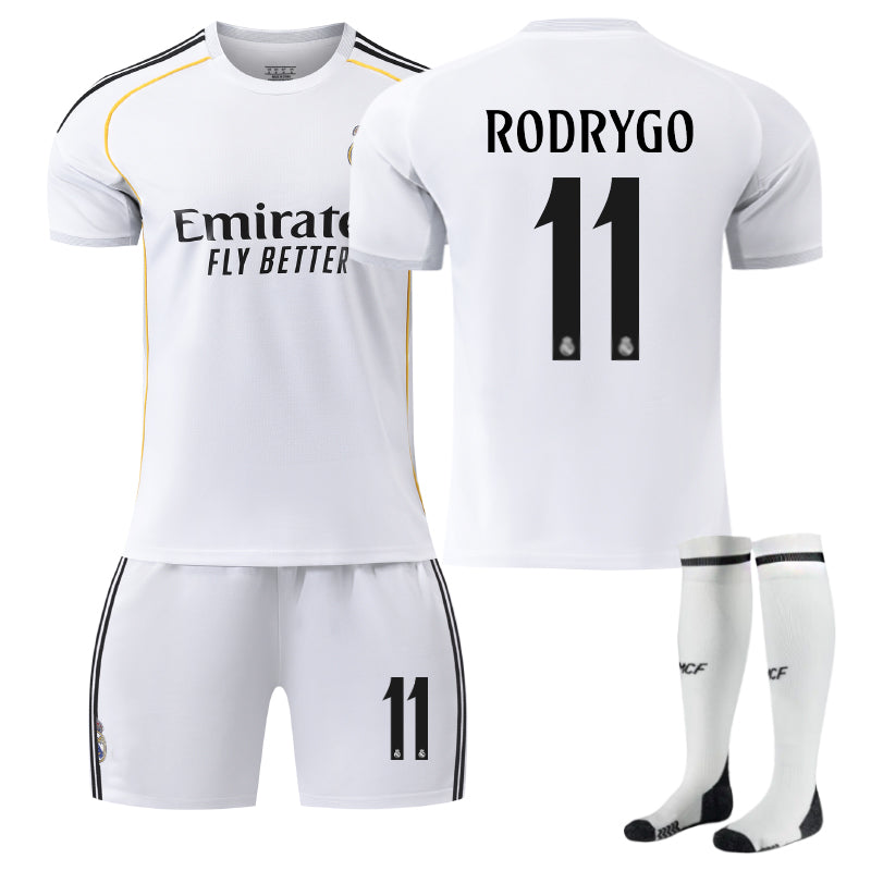 Beakey Real Madrid Home RODRYGO #11 Soccer Jersey Kids Adult 3Pcs Kits