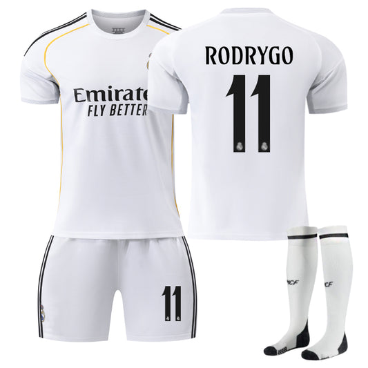 Beakey Real Madrid Home RODRYGO #11 Soccer Jersey Kids Adult 3Pcs Kits