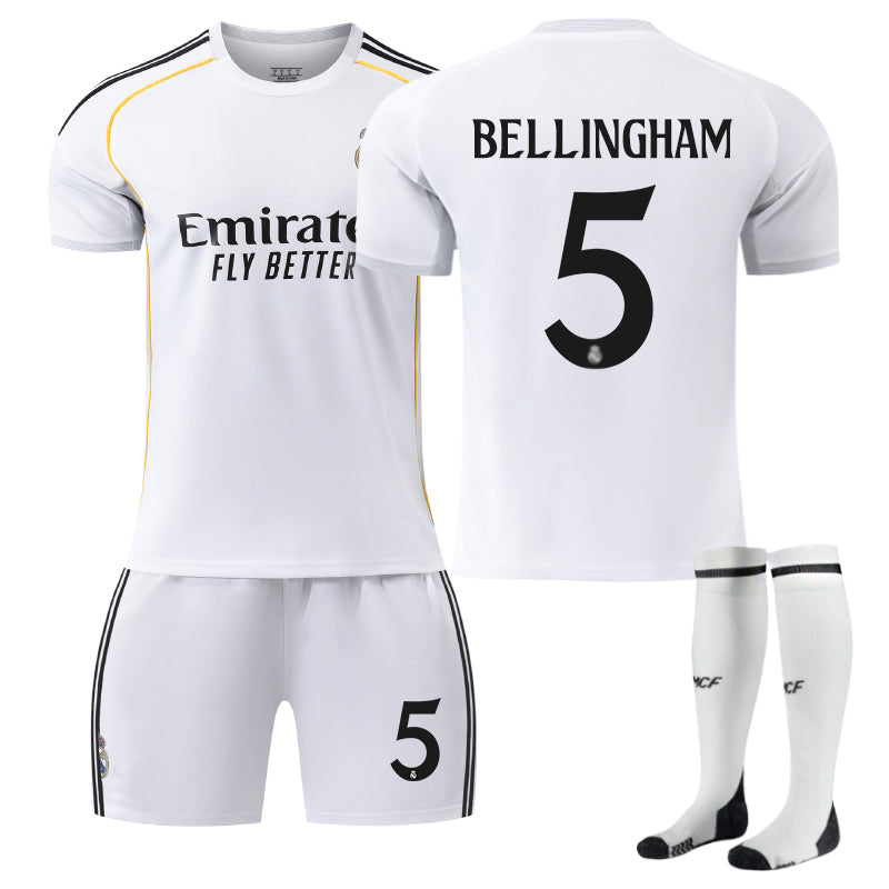 Beakey Real Madrid Home BELLINGHAM #5 Soccer Jersey Kids Adult 3Pcs Kits