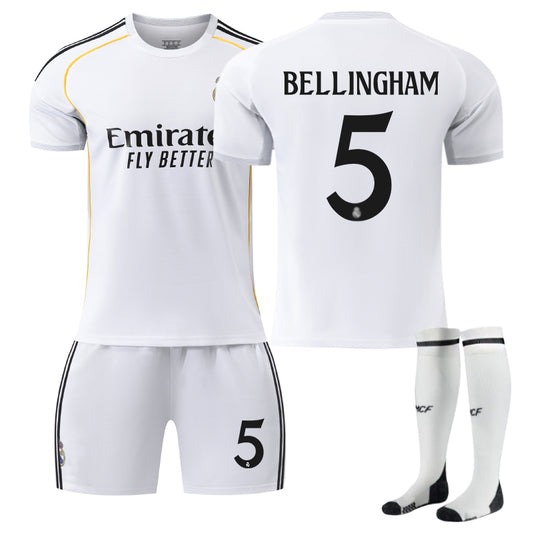 Beakey Real Madrid Home BELLINGHAM #5 Soccer Jersey Kids Adult 3Pcs Kits