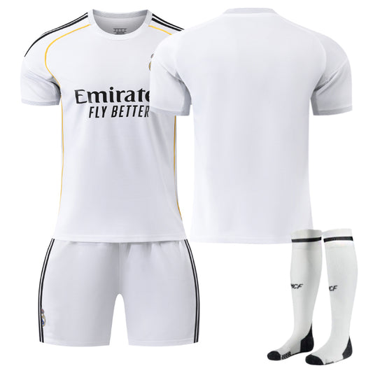 Beakey Real Madrid Home Soccer Jersey Kids Adult 3Pcs Short Sleeve Training Outfits