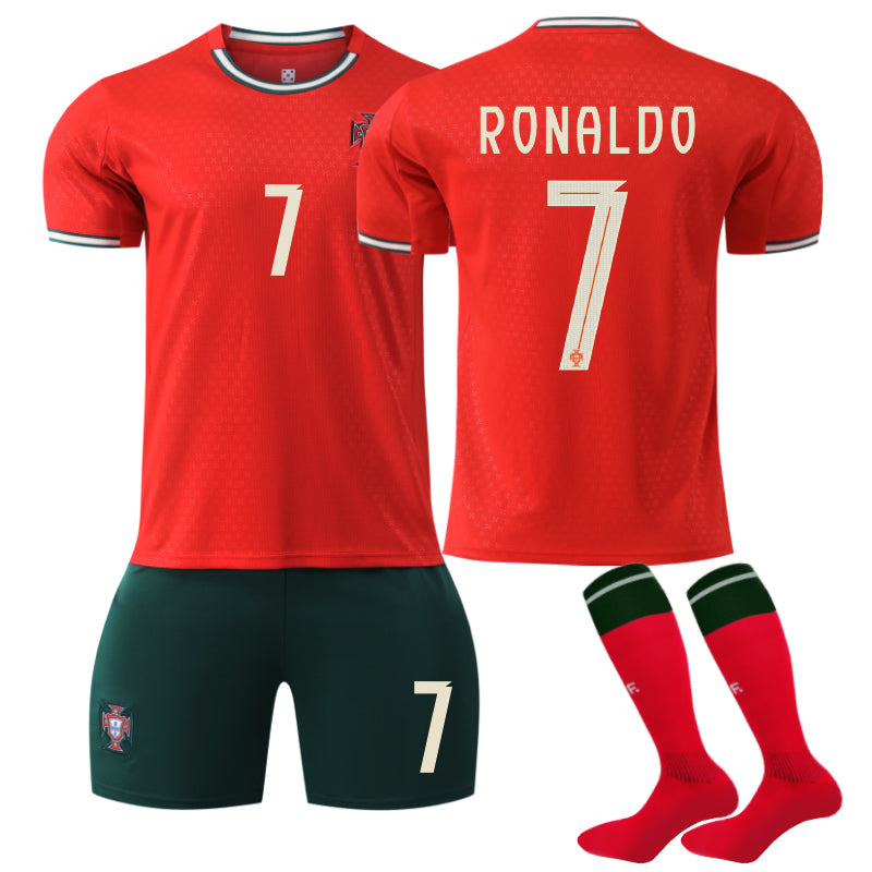 Beakey Portugal Home RONALDO #7 Jersey 3 Pcs Soccer Outfits for Kids Adult