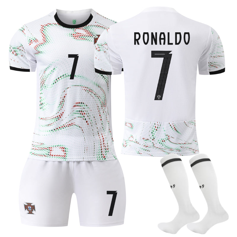 Beakey Portugal Away RONALDO #7 Jersey 3 Pcs Soccer Outfits for Kids Adult