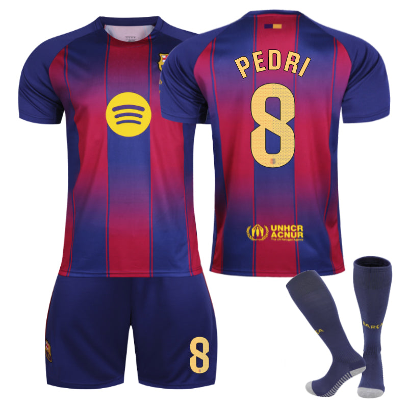 Beakey Barcelona Home PEDRI #8 Soccer Jersey 3 Pcs Outfits for Kids Adult