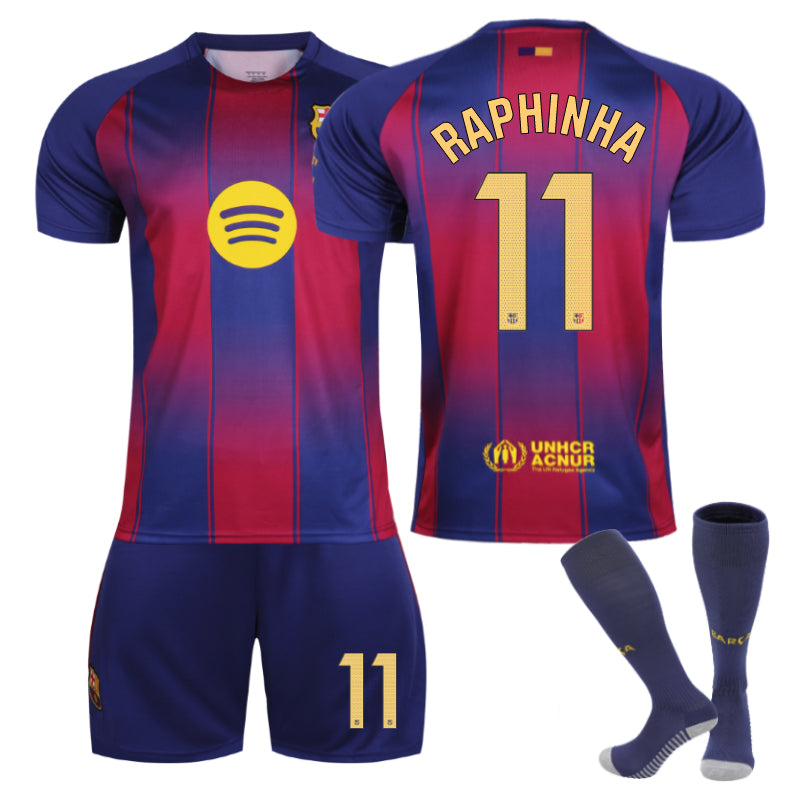 Beakey Barcelona Home RAPHINHA #11 Soccer Jersey 3 Pcs Outfits for Kids Adult