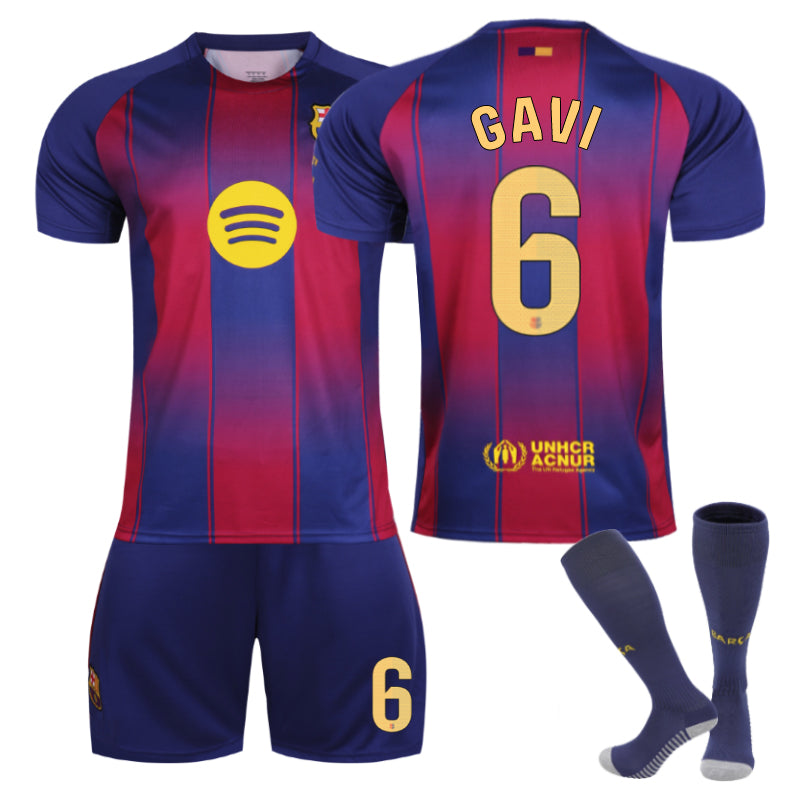 Beakey Barcelona Home GAVI #6 Soccer Jersey 3 Pcs Outfits for Kids Adult